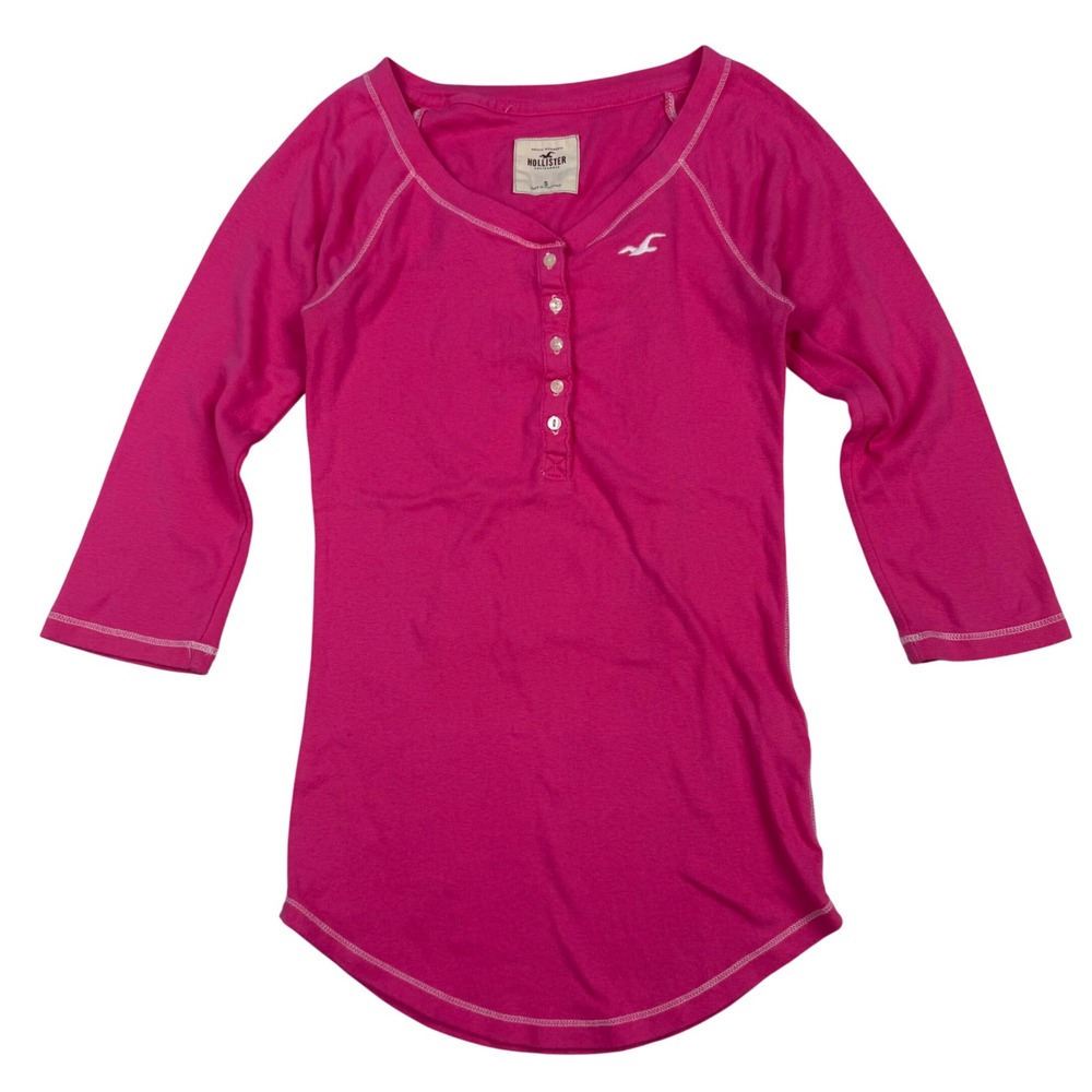 VTG Y2K Hollister Hot Pink Henley Shirt Womens Small 3/4 Sleeve Logo Mallcore